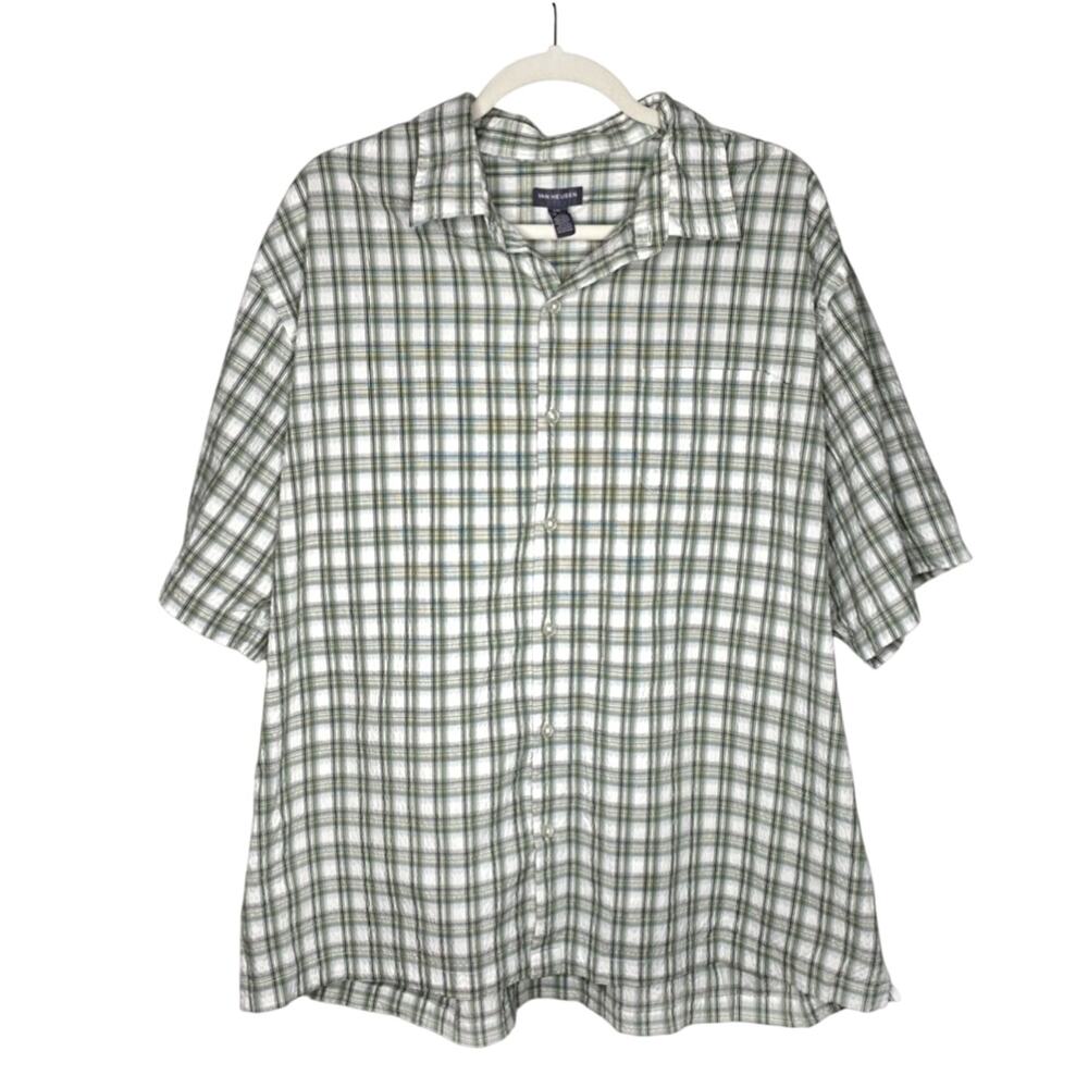 Van Heusen AIR Short Sleeve Plaid Crinkle Button Down Shirt XXL Green White Mens